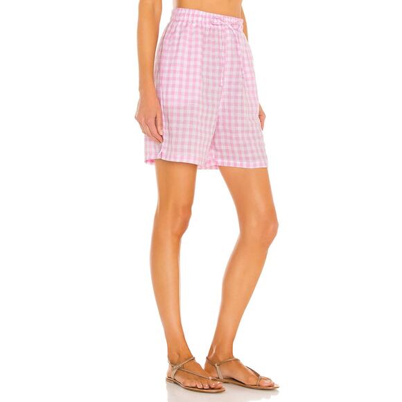 FRANKIES BIKINIS Lou Gingham Shorts Women Medium Pink Linen Drawstring High Rise - Picture 3 of 16